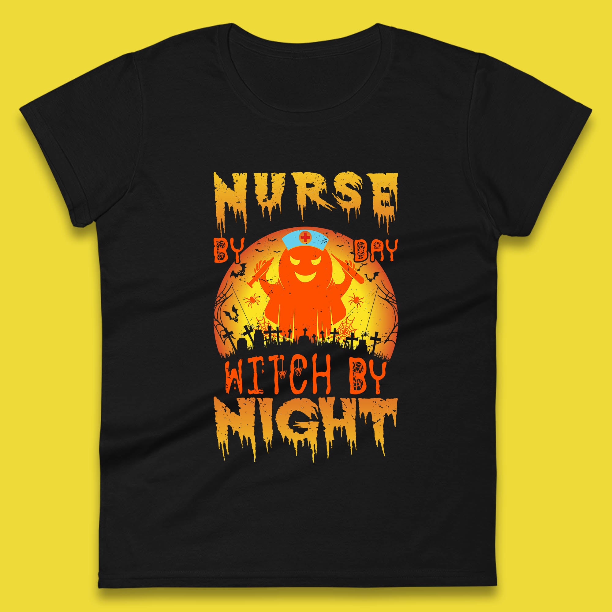 Nurse By Day Witch By Night Halloween Nurse Witch Ghost Costume Womens Tee T Shirt Mens Tops Unisex Top 4XL