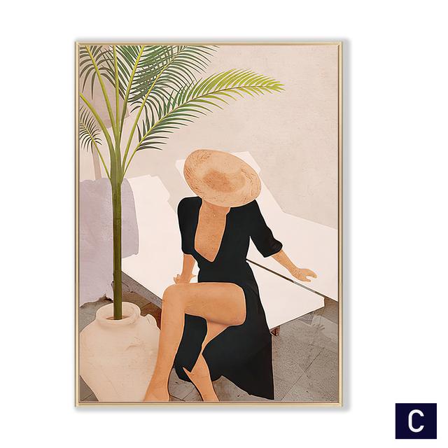 Boho Fashion Summer Woman Wall Art Beach Black Cat Canvas Painting Nordic Posters and Prints Pictures for Living Room Decor
