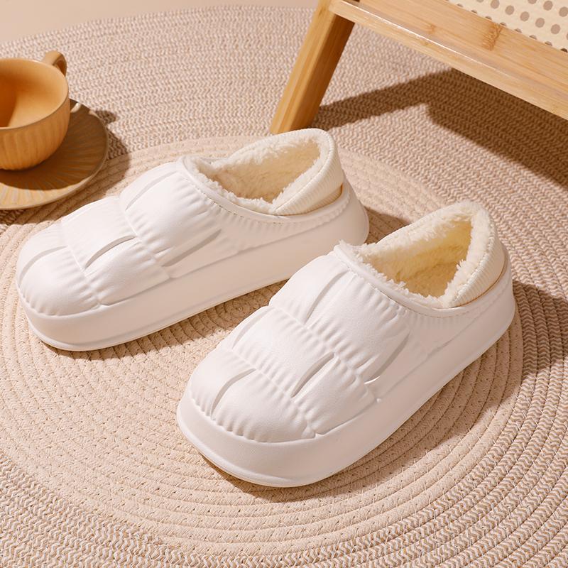 Waterproof Non-Slip Winter Home Shoes Women Comfort Soft Sole Plush House Slippers Woman Solid Color Warm Cotton-Padded Shoes
