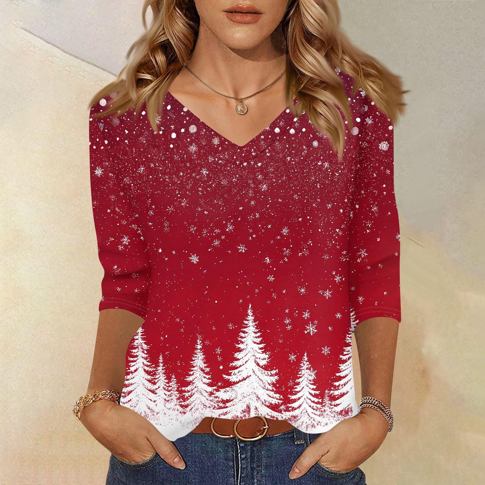 

Женская футболка с рождественским принтом, рукав 3/4, повседневная, для выходных, модная, базовая, с V-образным вырезом, обычный топ S красный