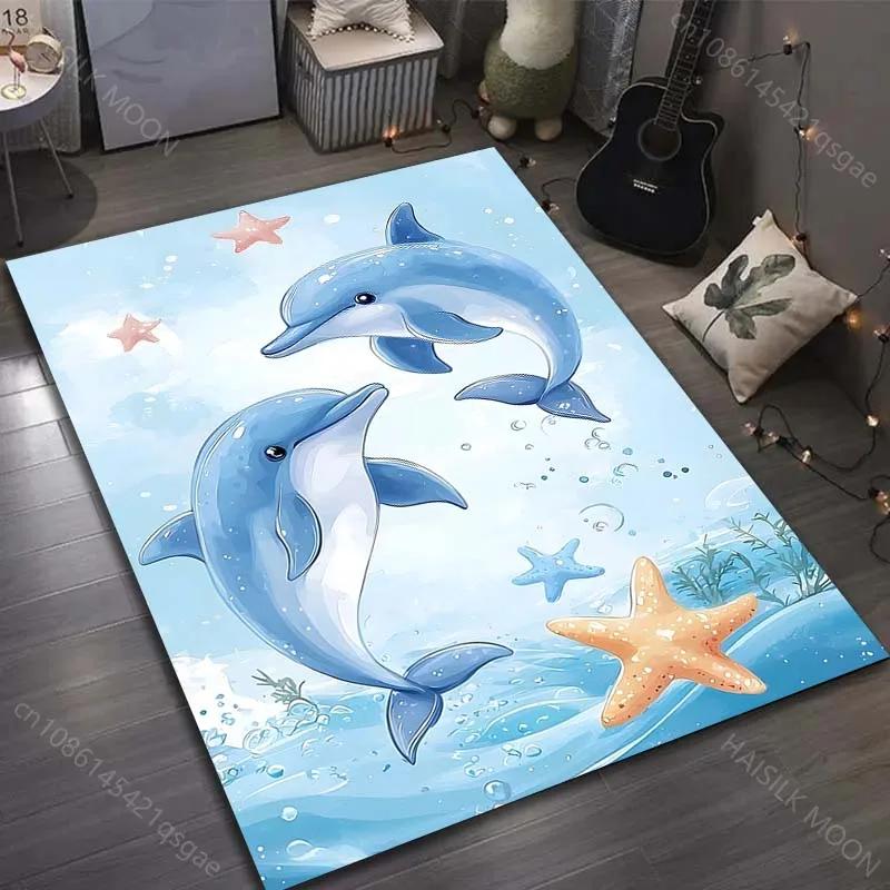 3D Printing Two Dolphins Cartoon Print Carpet for Bedroom Living Room Bedside Floor Mat Modern Home Decor Area Rug Luxury Gift