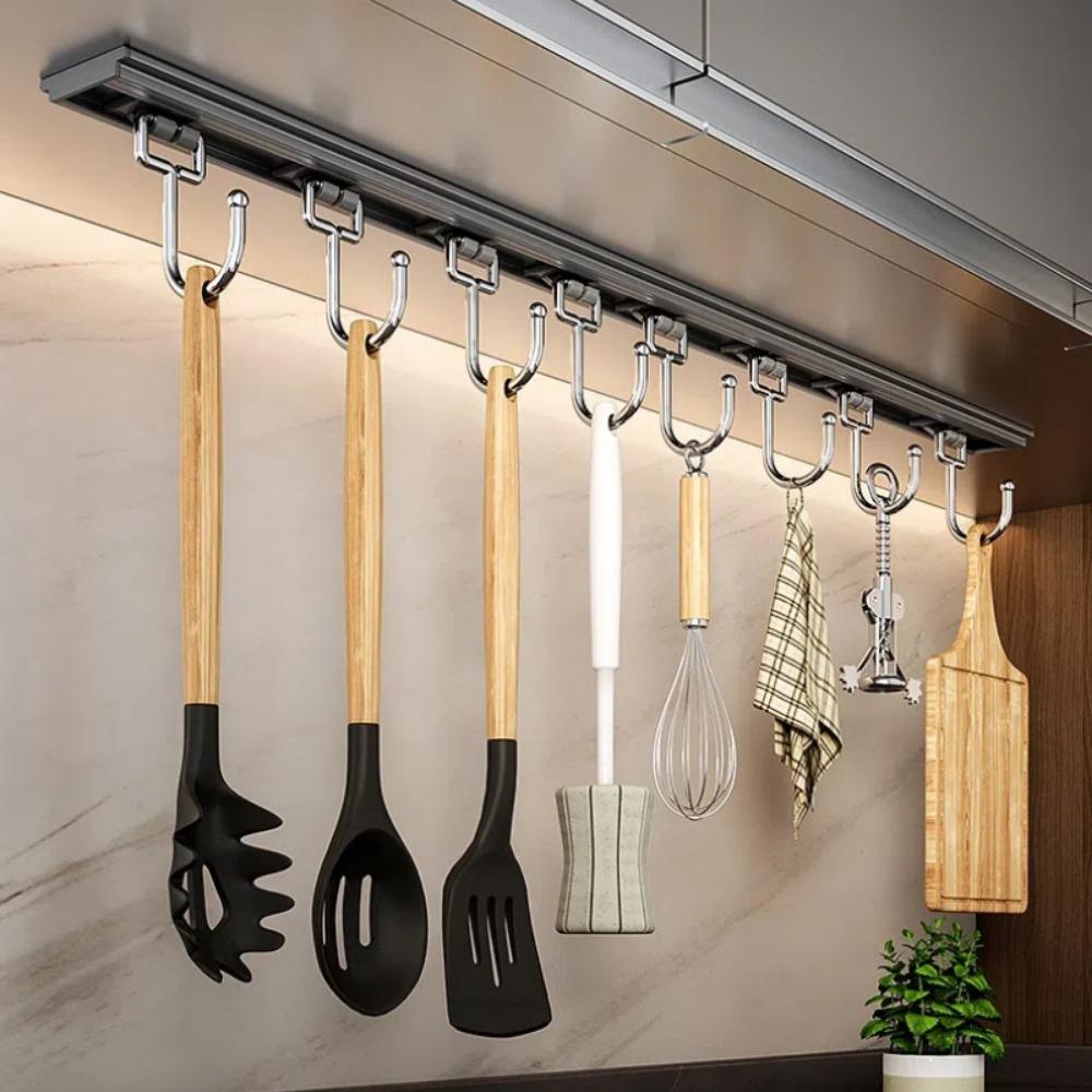 

Movable Kitchen Storage Rack Aluminum Alloy Wall Hanger New Hooks Rack Holder Kitchenware grey-5 hooks
