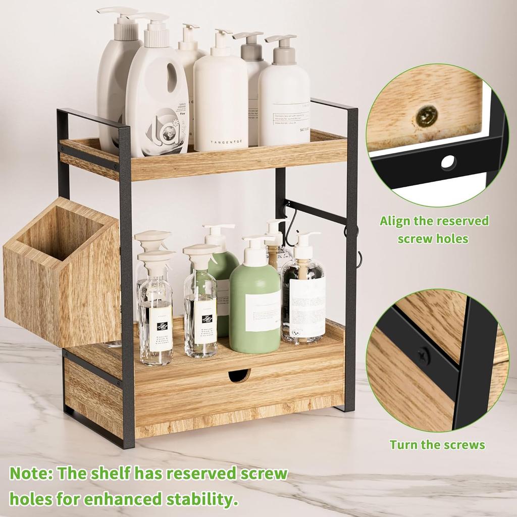 Organizzatore da Bancone per Bagno a 2 Livelli con Cassetto Organizer in Legno per Bancone per Stoccaggio, Organizer per Prodotti da Skincare per Toeletta, Scaffale da Bancone per Bagno
