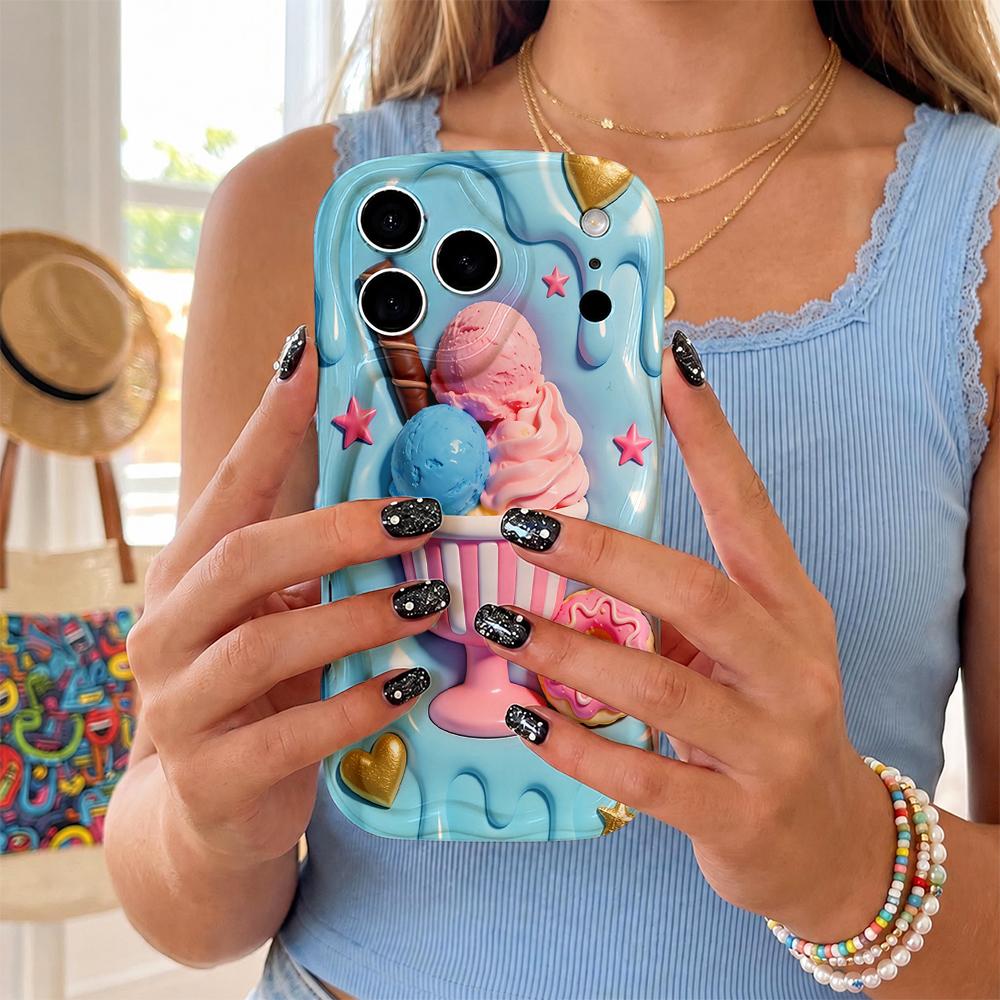 Melted Ice Cream Sundae Donut Phone Case for iPhone 17 16 15 14 13 12 11 Pro Max Plus Wavy Edge Sweet Cover