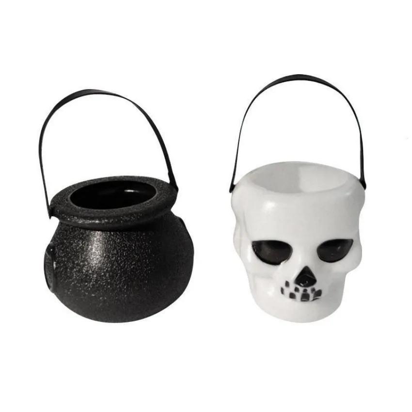 1Pcs Black Or White Plastic Candy Jar Skull Witch Cauldron Candy Kettle Halloween Party Hanging Props Halloween Decor