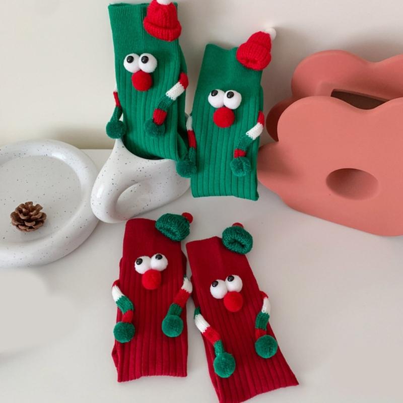 Unisex Couple 3D Santa Hat Dolls Christmas Middle Tube Socks with Magnetic Embellishments for Gifting and Celebrating