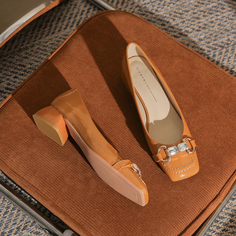 New square head metal buckle thick heel high heel temperament simple wind shallow mouth women's single shoes