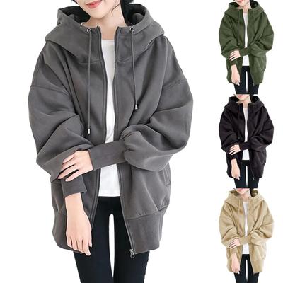 2024 Φούτερ Streetwear Μεγάλο Μέγεθος, Μονόχρωμο, με Επένδυση Fleece - Στυλ Φθινόπωρο/Χειμώνας με Φερμουάρ και Κουκούλα