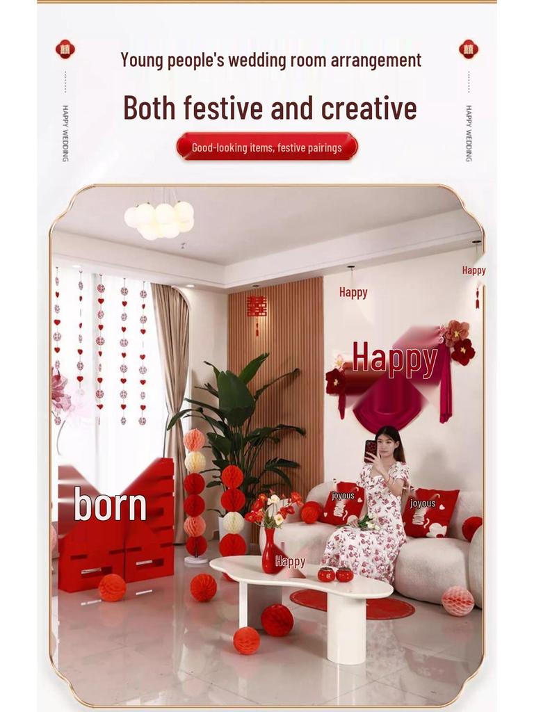 Conjunto de Decoração para Quarto de Casamento: Lados do Noivo e da Noiva, Parede com Caractere Xi do Novo Quarto e Decoração de Cabeceira