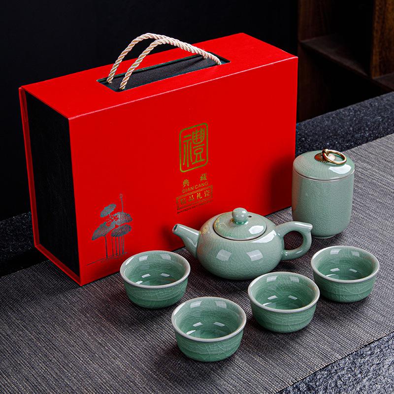 Ceramic Kung Fu Tea Set Gift Business Gift Set Ge Kiln Ru Kiln One Pot Six Cup Gift Box Ice Cracked Glaze