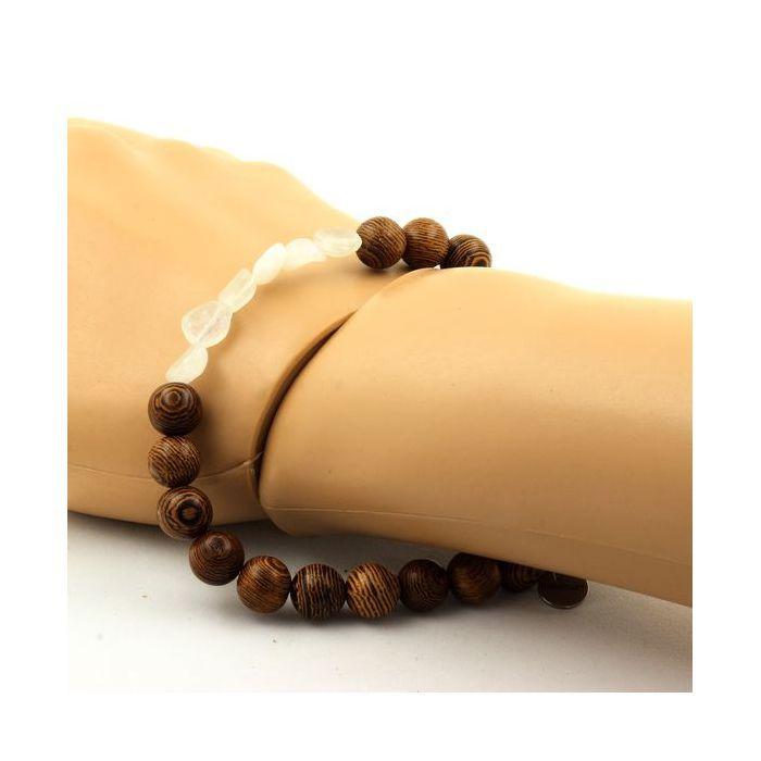 Pierres et Minéraux. Bracelet Pierre de lune d'Inde + Perles bois 8 mm. Fabriqué en France.