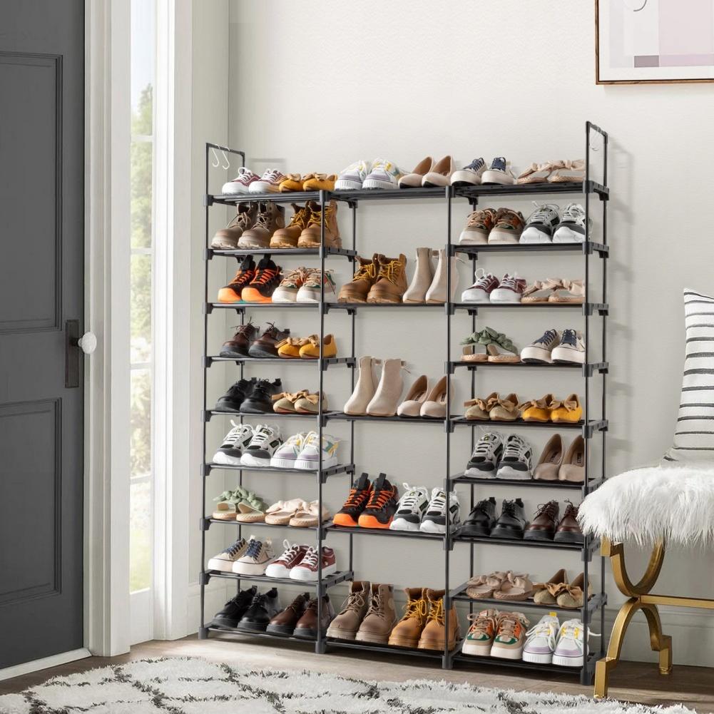 9 Tiers Shoe Rack Storage Organizer Metal Shoe Rack With Side Hooks 50 Pairs Stackable 3 Rows Shoes Shelf Storage For Entryway