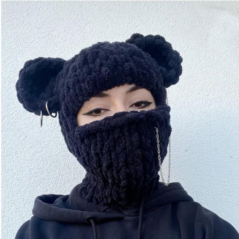 New Devil Horn Mask Thickened Fleece Knitted Hat Ice Strip Line Warm Neck Protection Punk Sweet Cool Wind Headgear Winter