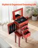 Jewelry Cabinet Armoire, Standing Wood Jewelry Storage Chest with 3 Drawers, Flip Top Mirror, 4 Top Storage Compartments, Zinc Alloy Handles, 2 Side