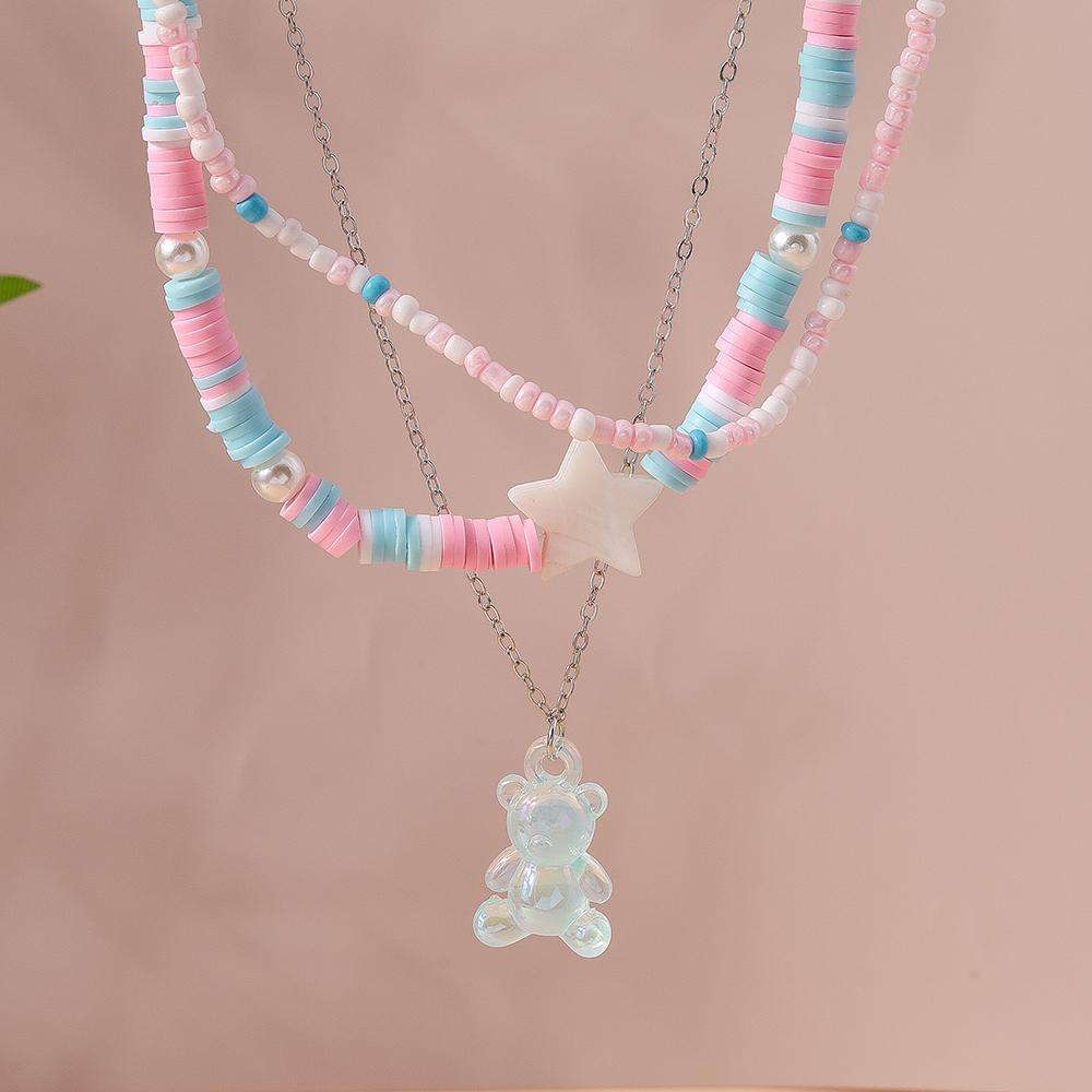3pcs/Set Bohemia Handmade Colorful Beads Choker Necklace Women Girls Bear Pendant Necklaces Party Holiday Jewelry Gifts