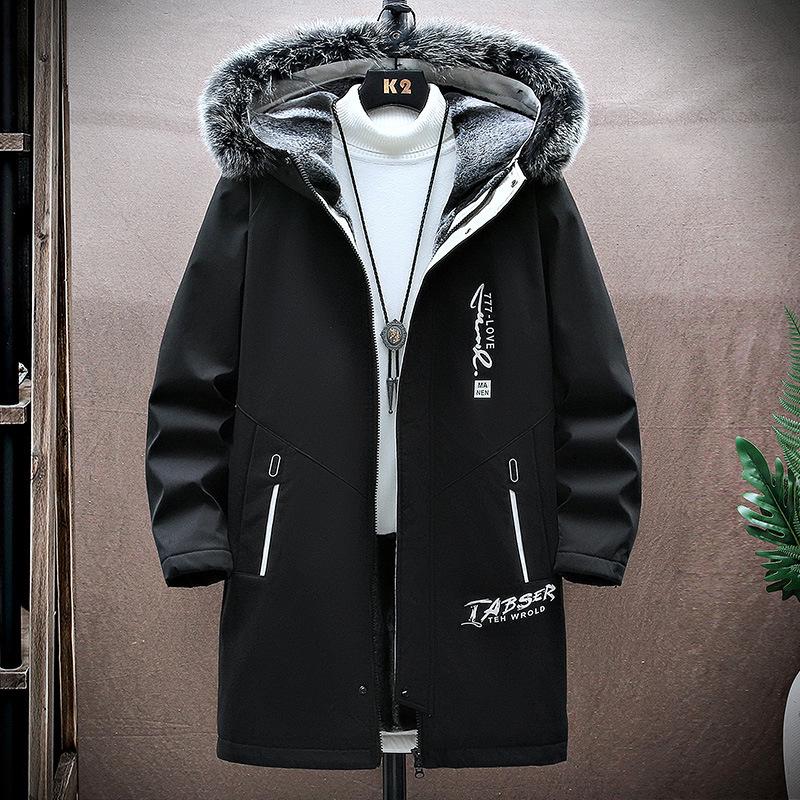 Men's Winter Fleece-Lined Hooded Mid-Length Printed Cotton Coat - Trendy & Warm Casual Jacket