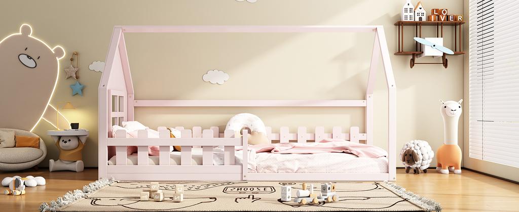 Lit plat 90*200cm, Lit d'enfant, Barrière de sécurité maison, Rose