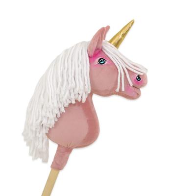 Hobby Horse Unicorn On a Stick, Small, Dusty Pink, with White Mane and Gold Horn