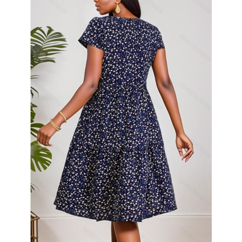 Women's Fashion Summer Spring Flower Pattern Print Short Sleeve O-Neck High Waist Casual Dresses