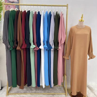Onder Abaya Inner Lange Onderjurk Effen Kleur Gesmokte Manchetten Islamitische Kleding Moslimvrouw Casual Dubai Turk Modest Hijabi Gewaad Plus Size