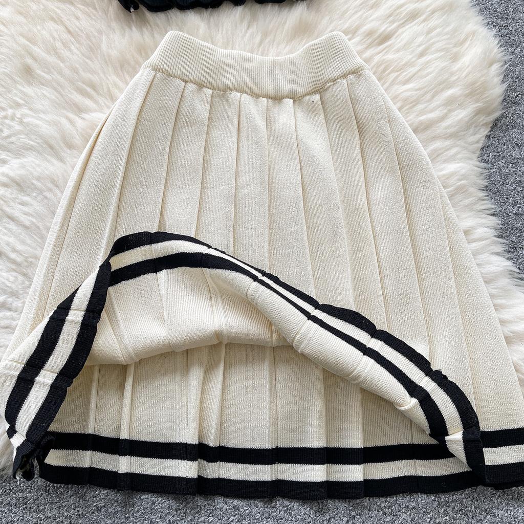 Summer Women Knitted Sweater College Letter Two Piece Set Fashion Girl Single Breasted Cardigan Top and Mini Pleated Skirt Suit