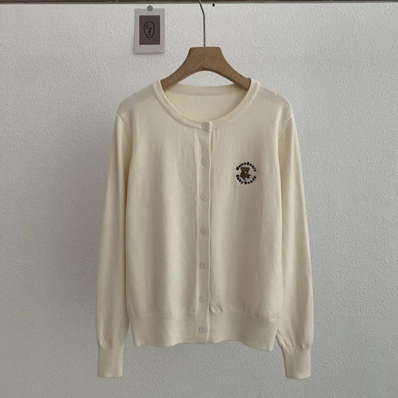 Spring Autumn Cardigan Women Soft Long Sleeved Knitted  Solid Casual Slim O Neck Tops Embroidered Teddy Bear Overcoat 30965