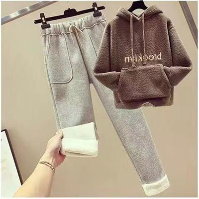 Women's Autumn and Winter Velvet Casual Slimming Hooded Solid Color Cardigan Jacket+warm Pants Casual Sports Style Two Piece Set