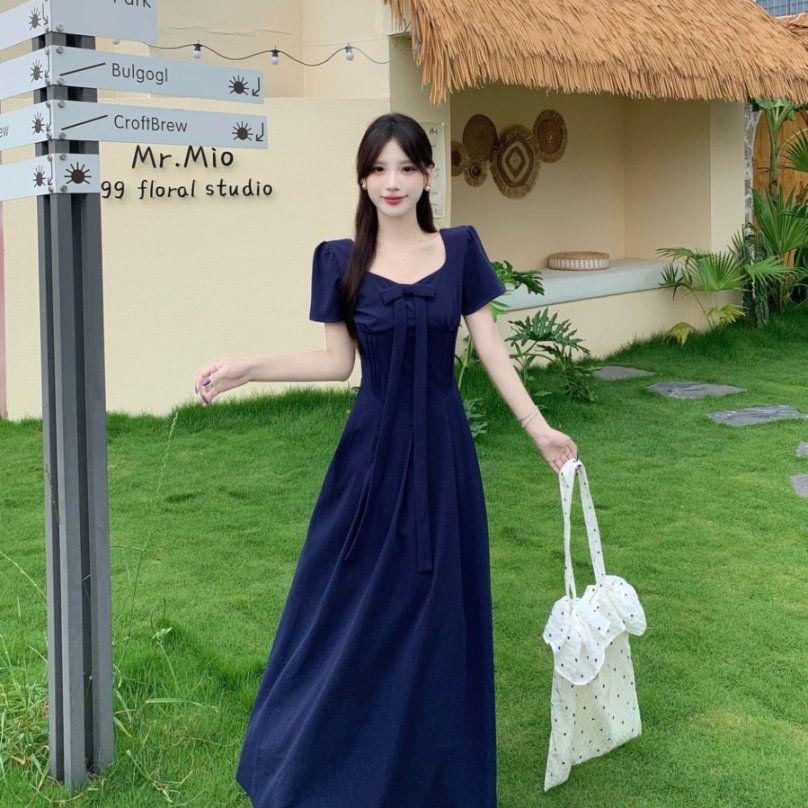 Plus Size Elegant French Style High Waist Bowknot Dress - Short Sleeve, Solid Color, Skin-Brightening, Slimming, Long Length