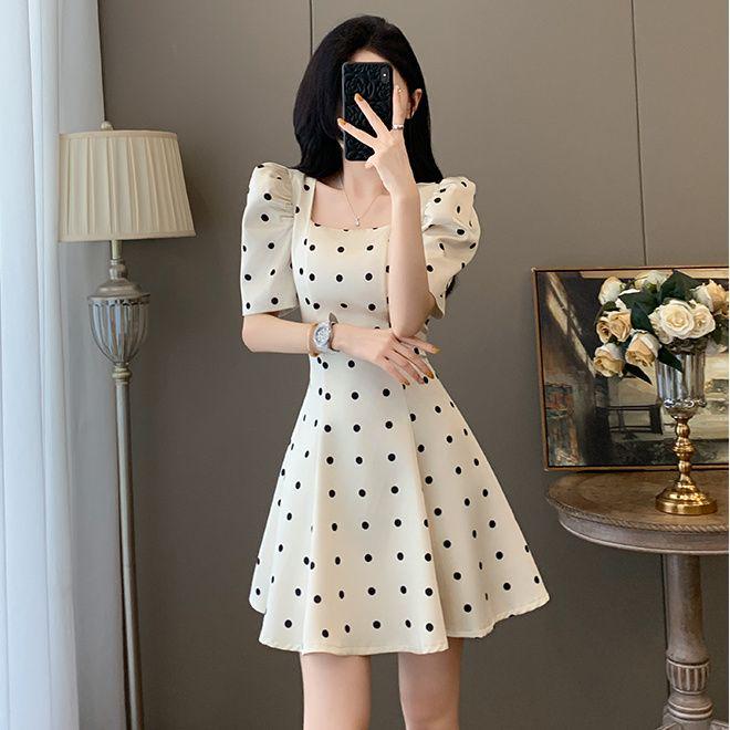 

French Polka Dot Square Neck Dress - 2025 Summer Socialite Style with Waist-Cinching Slimming Fit 3XL [Suitable for 136-150 lbs]