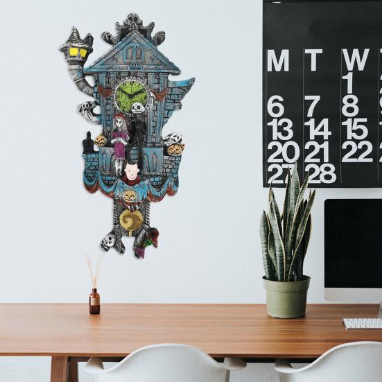 Halloween Cuckoo Clock Decoration Spooky Wall Clock Figurine Skeleton Pumpkin Wall Sculpture for Home Living Room Bedroom Decor