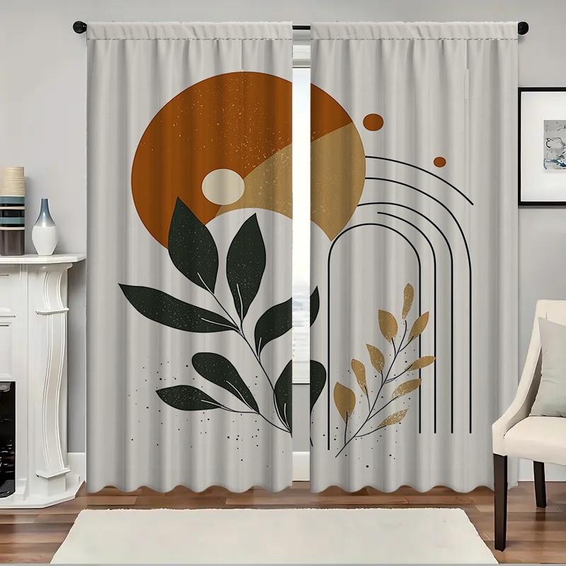 2 Stück Geometrische Blätter Vorhänge mit Landschaftshintergrund und Stangentasche, für Küche, Café, Wohnzimmer, Balkon
