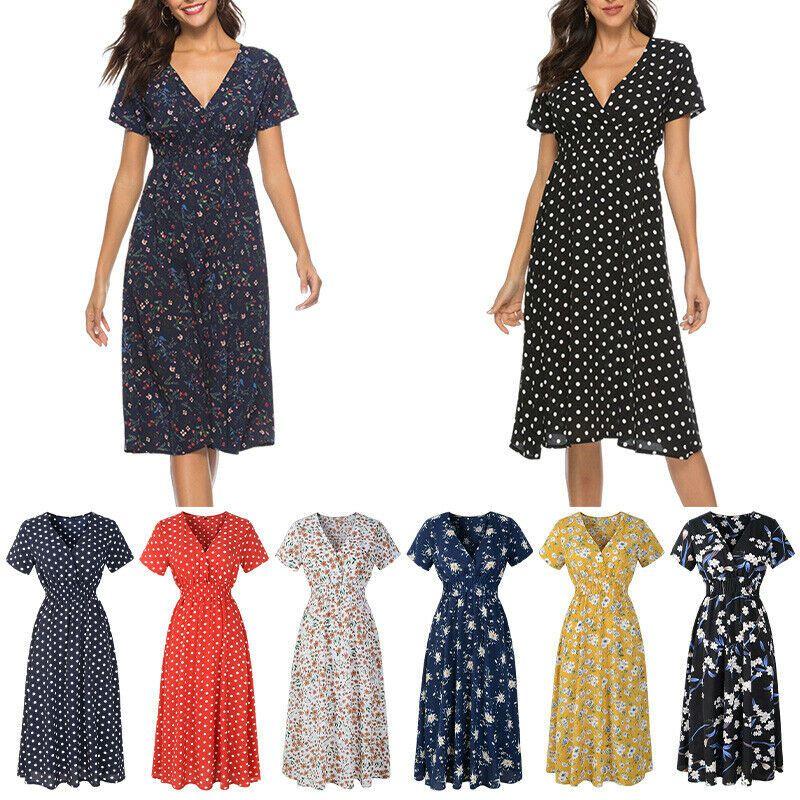 Women Neck V Boho Floral Midi Dress Short Sleeve Summer Beach Sundress Casual