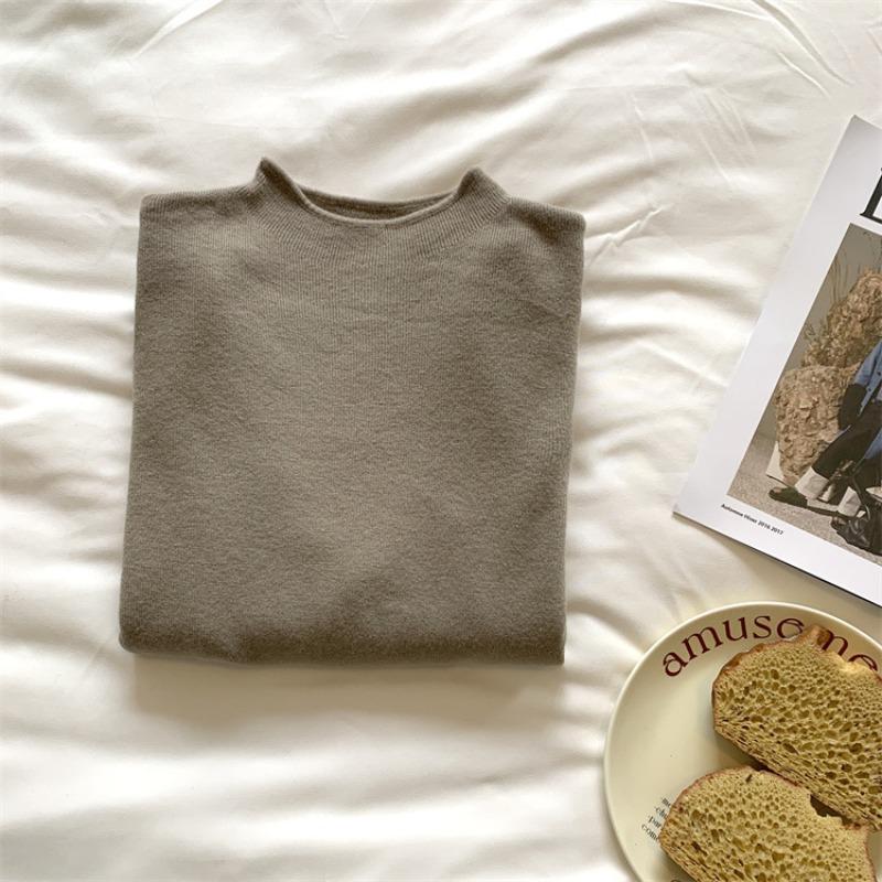 Gentle temperament semi-turtleneck loose and thin long-sleeved knitted sweater for women's autumn soft waxy warm inner sweater