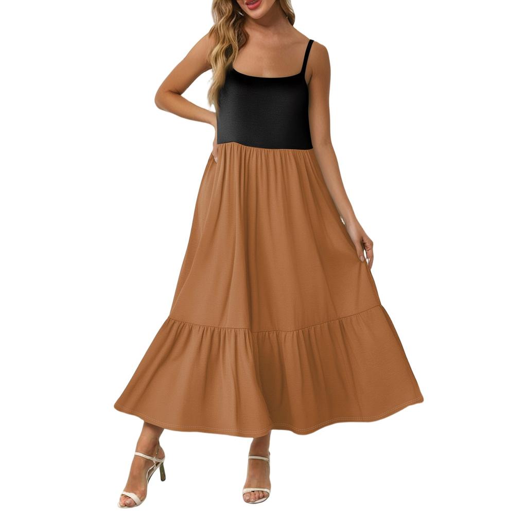 Women's Long Beach Casual Elegant Spaghetti Strap Maxi Dress Stitching Low-key Flowing Bohemian Dress