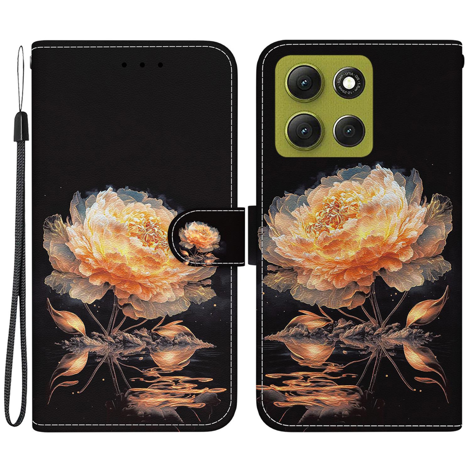 

Для Motorola Moto G86 5G Кошелек Чехол для телефона Кожаный чехол-книжка с принтом узора против падения и ремешком Gold Peony