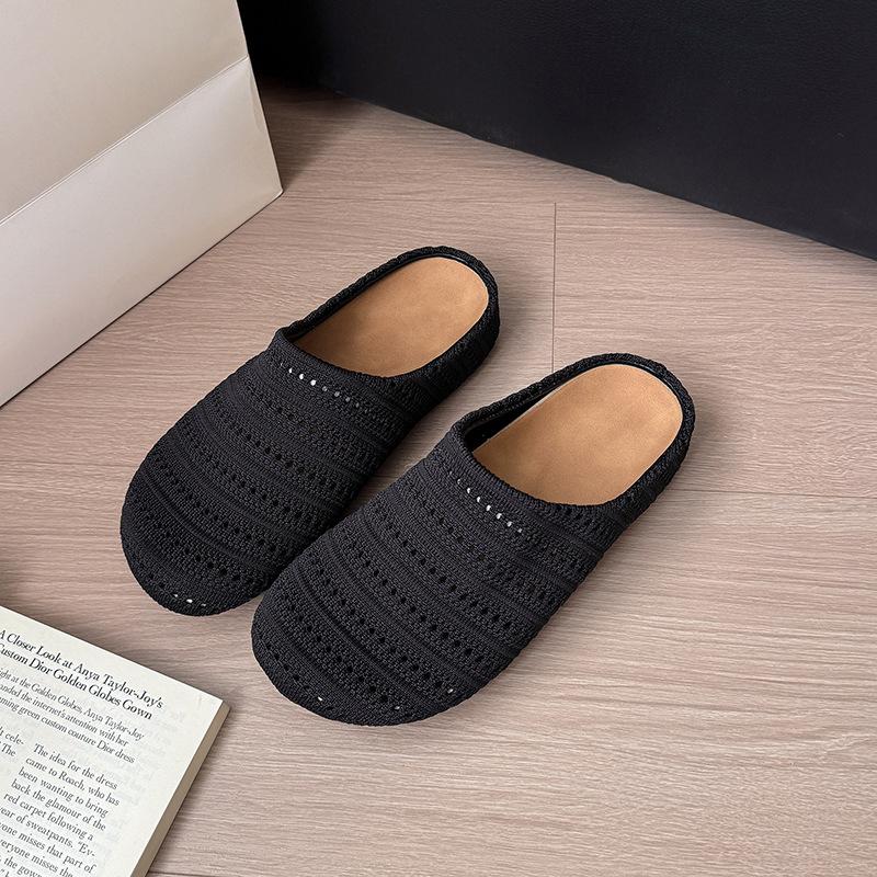 Retro Niche Woven Bag Head Half Slippers Women's Outer Wear Summer Lazy One Pedal Comfortable Soft Bottom Round Head Cool Slippers