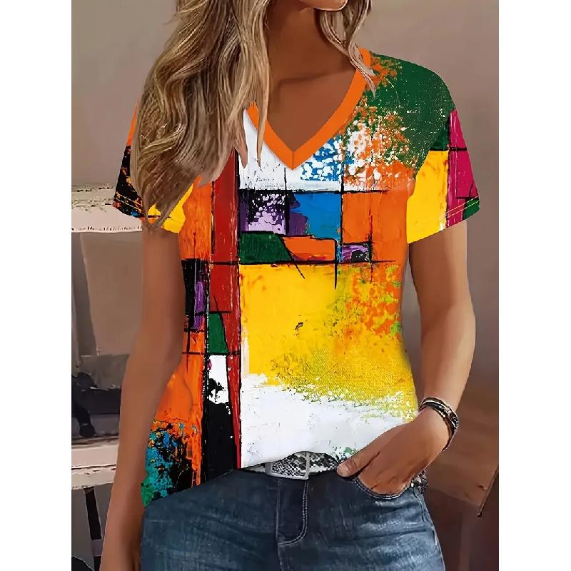 2026 New Fashion Women's Casual Versatile Square Pattern Short Sleeve V-Neck T-Shirt
