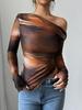 Women's Off Shoulder Long Sleeve Slim Fit Street Print Mesh Blouse T-Shirt