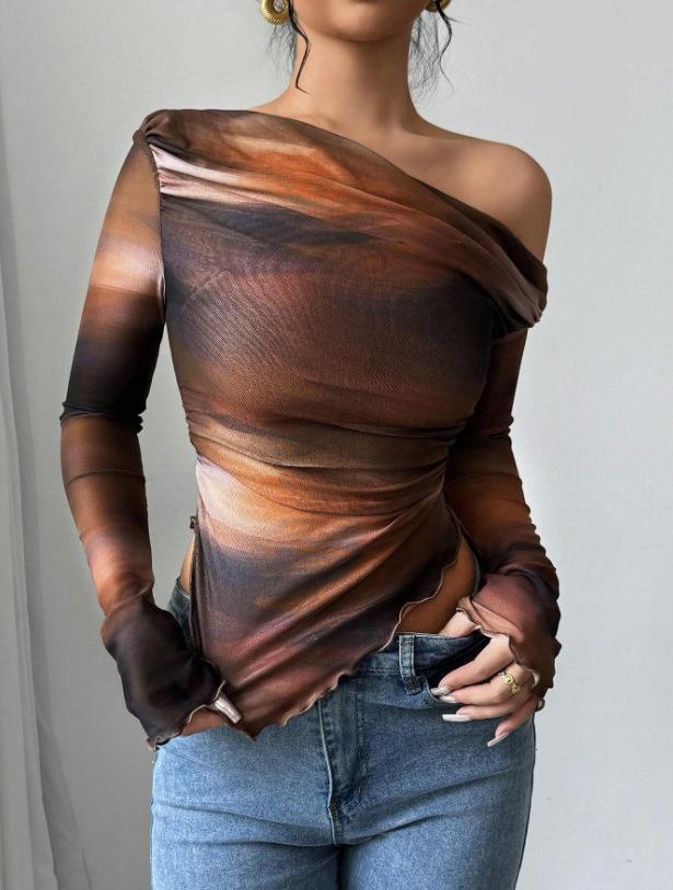 Women's Off Shoulder Long Sleeve Slim Fit Street Print Mesh Blouse T-Shirt
