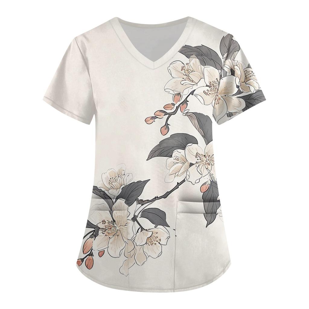 Women's Cute Printed Work Clothes V-neck Double Layer Pockets Basic Short Sleeve Top Pullover Valentines