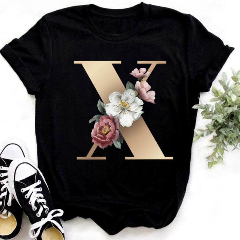 Fashion Golden 26 Letters Flower Harajuku Print Ladies T-shirt Casual Basics O-collar Black Shirt Short Sleeve Ladies T-shirts