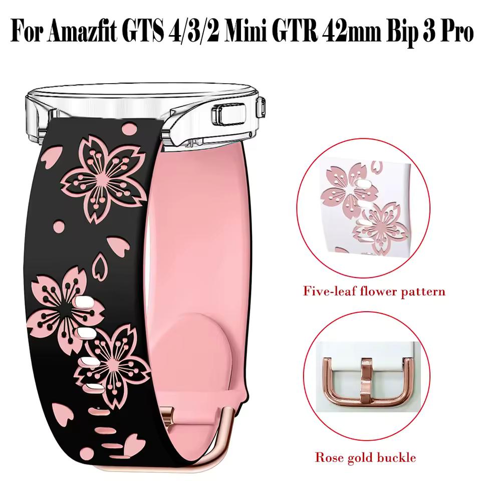 Universal 20mm Width Flower Engraved Watchband For Samsung Galaxy watch 7 6 4 5 Strap Huami Amazfit Active GTS 4 Mini 3 Pro GTR 2e Silicone Bracelet