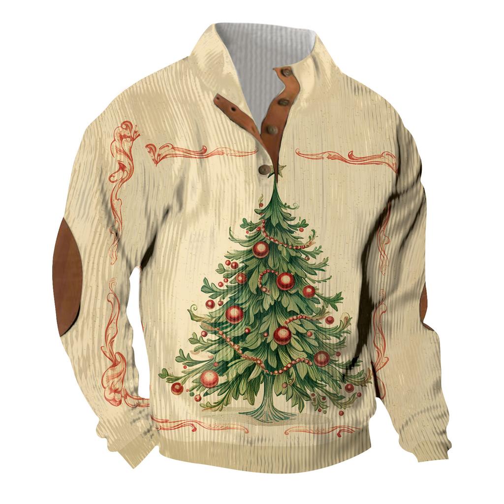 Christmas Print 3-button - Men's Stand Up Collar Sweatshirt, Outdoor Casual Hoodie With Buckle