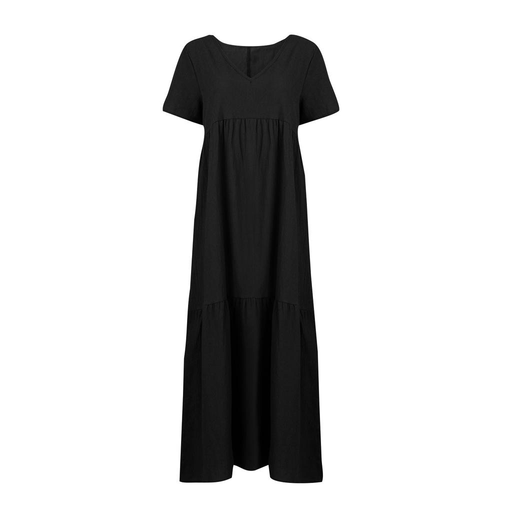 Women's Fashion V-Neck Color Loose Long Big Swing Short Sleeve Dresses
