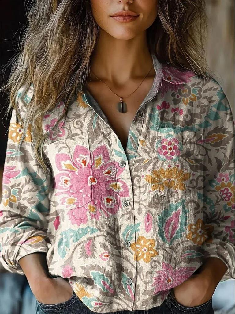 2025 Spring/Summer/Autumn Women's Versatile Printed Casual Lapel Shirt