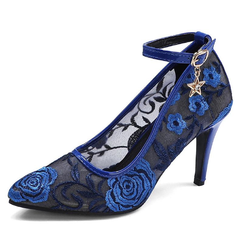 

Sexy Lace High Heels Shoes Woman Elegant Straps Black Blue Mesh Pumps Shoe Black Gray Heeled Party Office Shoes Lady Big Size 48 39 синій