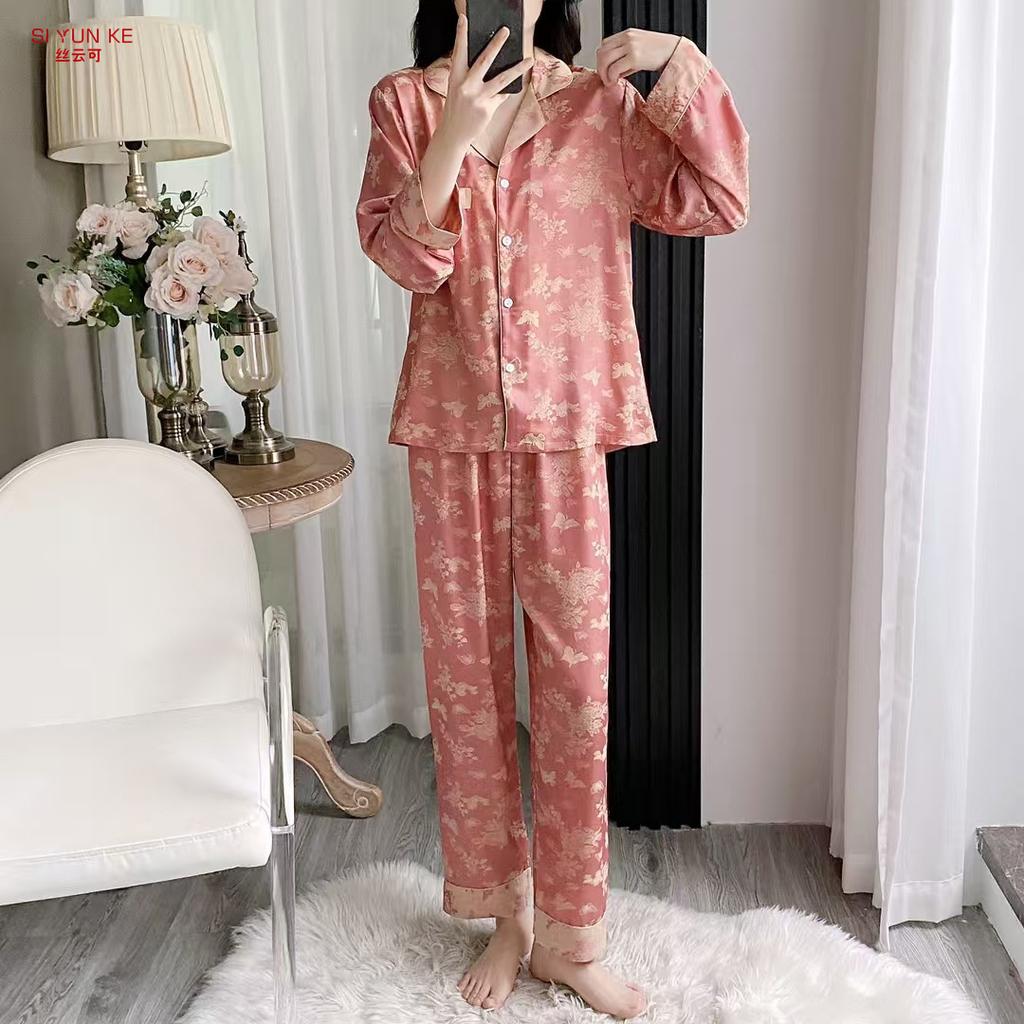 New silk pajamas women's long-sleeved cationic ice silk loungewear set can be worn outside imitation silk women's casual two-piece set