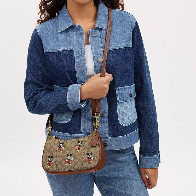 Coach Borsa a Spalla/Borsa a Mano Media da Donna Disney/Collaborazione Disney in Tessuto Teri con Pelle, Marrone CM196-B4R3U
