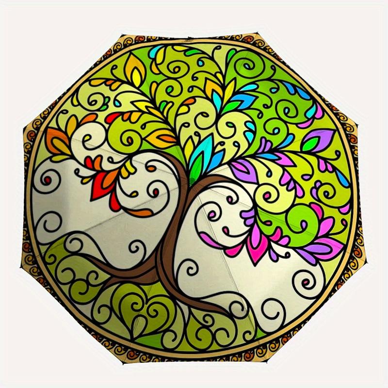 

1pc Tree of Life Mandala Automatic Folding Umbrella - 8-Rib Iron Frame, Windproof, Portable Sunshade with Plastic Handle for Travel & Outdoo