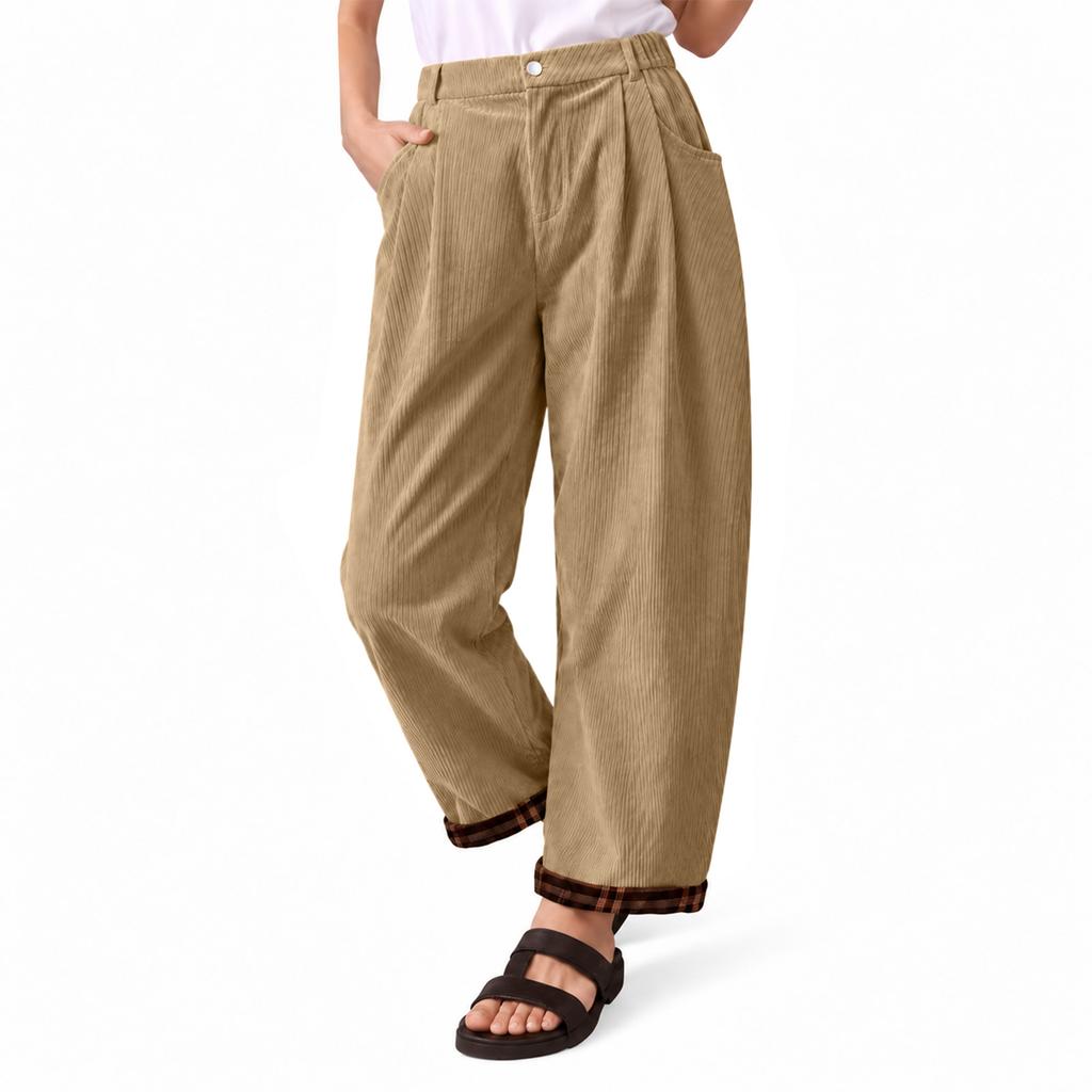 Women's Casual Corduroy Wide Leg Pants, High Waist Pleated Trousers with Back Elastic Waist and Cuffed Hem for Everyday Wear